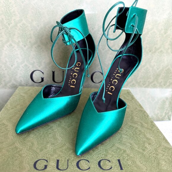 GUCCI 752966 Priscilla Emerald Green Satin Strap Gold Stiletto Heel 36+, US 6.5 - Picture 14 of 16